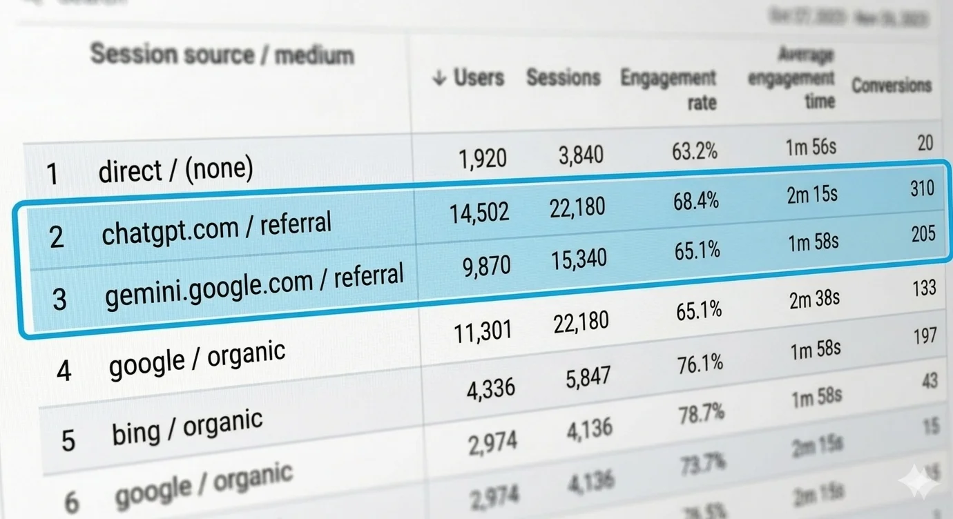Example Google Analytics report showing chatgpt.com and gemini.google.com referral traffic broken out as separate channels